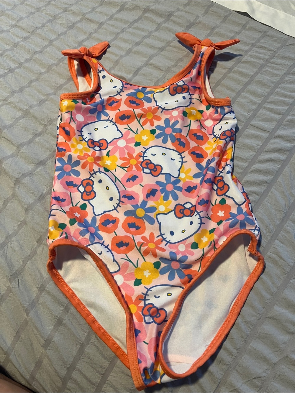 Hello Kitty Multicolor Floral Swimsuit - Pink Base with Orange Trim